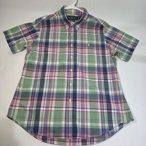 Vintage Ralph Lauren Button Down Shirt Short Sleeve Green Plaid Mens 100% Cotton